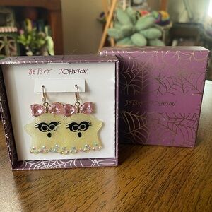 Betsey Johnson Gold Glitter Ghost Drop Earrings with Pink Crystal Bows